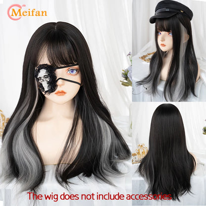 MEIFAN Synthetic Long Straight Lolita Wig with Bangs Wig Girl Cute Ombre Pink Blonde Black Cosplay Party Halloween Harajuku Wig