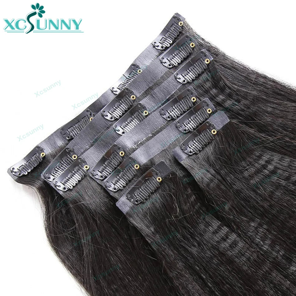 Yaki Straight Seamless Clip In Human Hair Extensions PU Clip Ins Yaki Human Hair Wholesale Burmese Clipin Hair Extensions