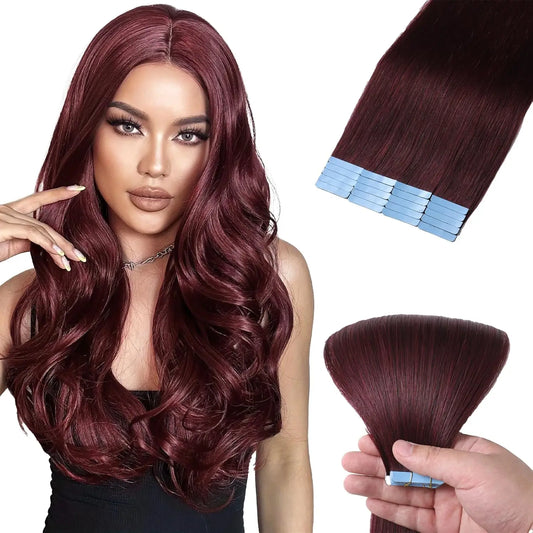 20 inch Tape in Hair Extensions Real Human Hair 100g 20pcs Glue in Extensions Silky Straight Remy Hair Color #99J Burgundy Red