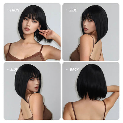 Short Straight Bob Wigs for Women Black Brown Synthetic Natural Hair Wig with Bangs Heat Resistant Cosplay Daily Use Hair