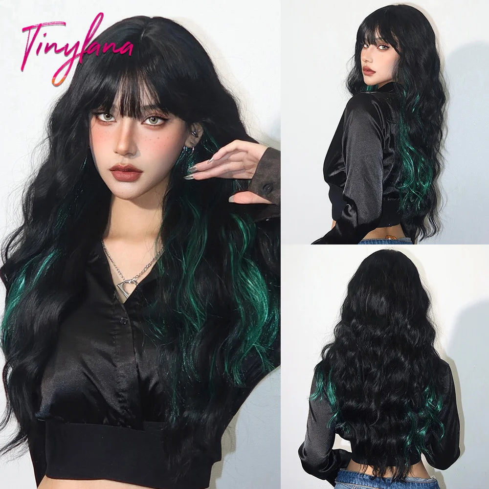 Super Long Black Wavy Synthetic Wigs with Bangs for Women Afro Dark Water Wave Halloween Cosplay Natural Hair Wig Heat Resistant