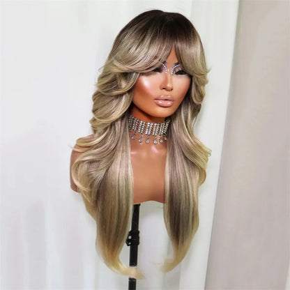 Long Curtain Bangs Wig Sexy Bouncy Blowout Lace Part Wig Hair Layered Glueless Daily Wear Blonde Ash Dark Root Balayage Ombre