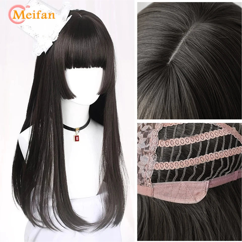 MEIFAN Synthetic Long Straight Lolita Wig with Bangs Wig Girl Cute Ombre Pink Blonde Black Cosplay Party Halloween Harajuku Wig