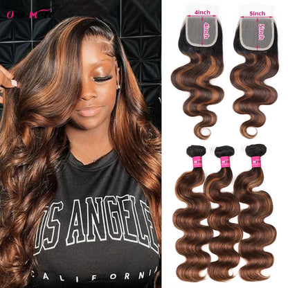 4x4 5x5 Closure With Bundles FB30 Brown Body Wave Bundles With Closure Ombre Colored Highlight Human Hair Bundles With Closure