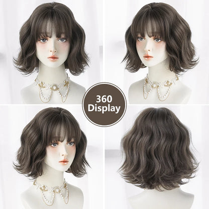 7JHH WIGS Short Wave Brown Bob Wig for Women Daily Use High Density Synthetic Fashion Wavy Cool Brown Hair Wigs with Neat Bangs