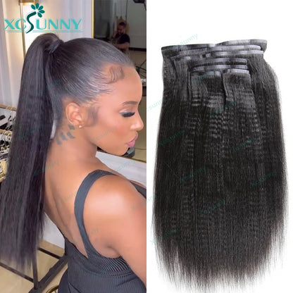 Yaki Straight Seamless Clip In Human Hair Extensions PU Clip Ins Yaki Human Hair Wholesale Burmese Clipin Hair Extensions