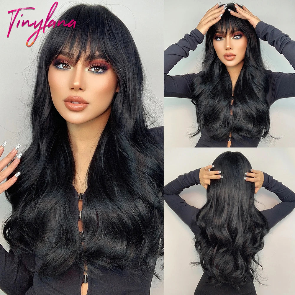 Super Long Black Wavy Synthetic Wigs with Bangs for Women Afro Dark Water Wave Halloween Cosplay Natural Hair Wig Heat Resistant