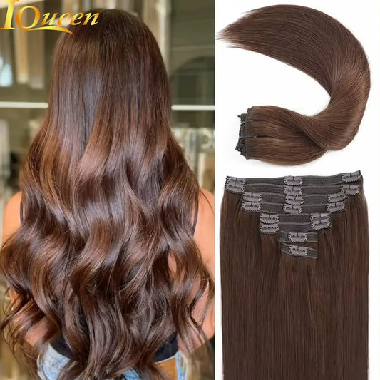 Clip in Hair Extensions Real Human Hair color #4 Chocolate Brown Clip in Hair Extensions 8pcs Hair Natural Black Color 24 inches