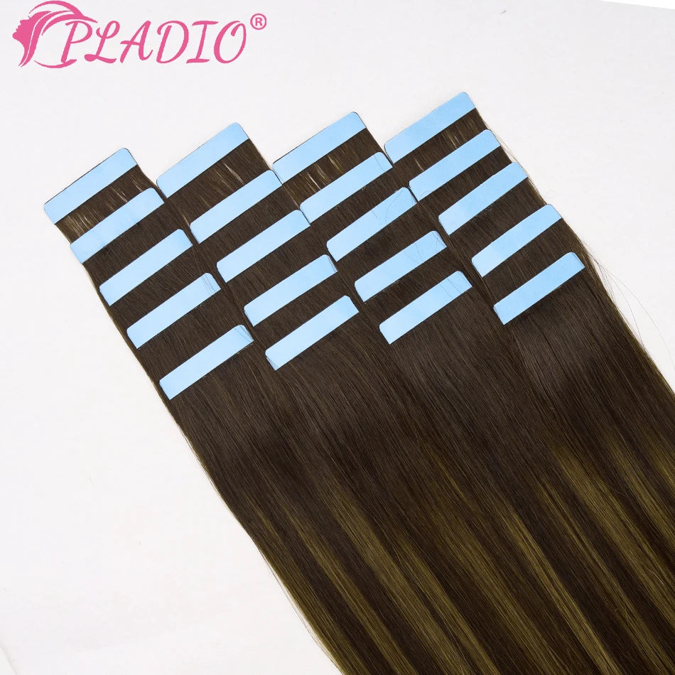 PLADIO Tape in Hair Extensions Human Hair Highlight Seamless Double Side Skin Weft PU Invisible Tape Ins Remy Virgin Hair 14-22"