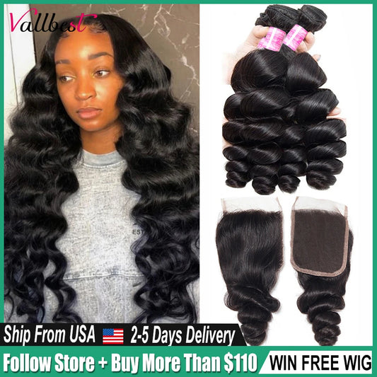 Vallbest Loose Wave Bundles With Closure Human Hair 3 Bundles With Lace Closure Brazilian Hair Weave Bundles Remy Hair Extension