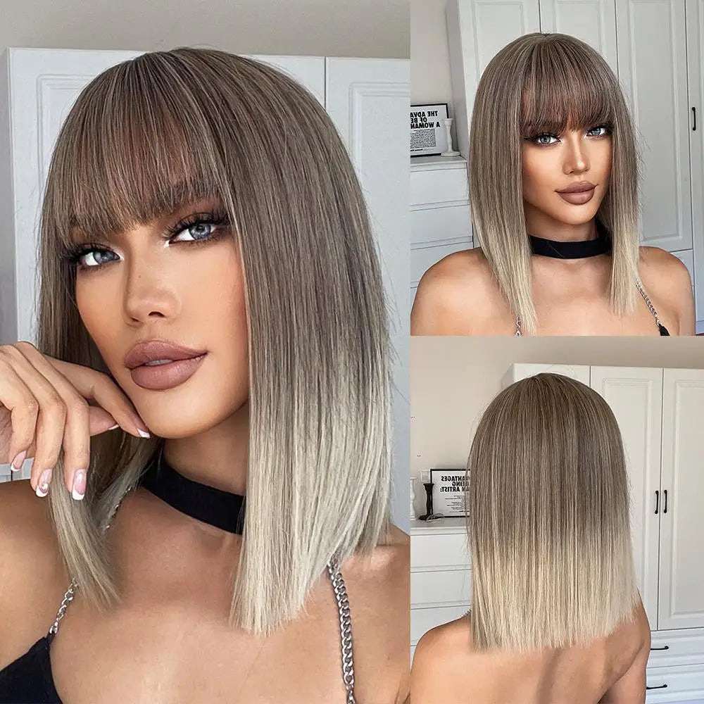 Short Straight Bob Wigs for Women Black Brown Synthetic Natural Hair Wig with Bangs Heat Resistant Cosplay Daily Use Hair