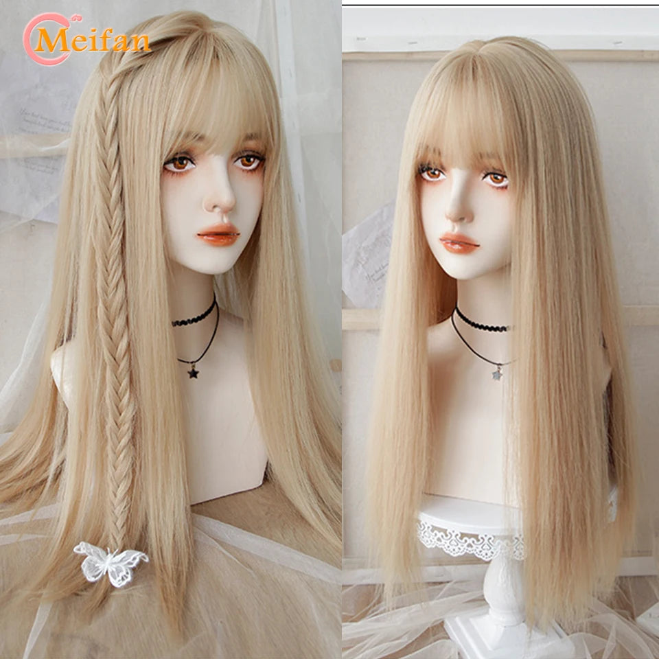 MEIFAN Synthetic Long Straight Lolita Wig with Bangs Wig Girl Cute Ombre Pink Blonde Black Cosplay Party Halloween Harajuku Wig