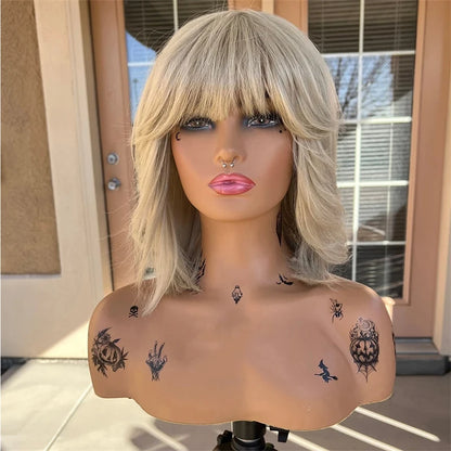 Platinum Blonde Lace Part Wig with Bangs Short Bob Woman Wigs Ladies Fringe Glueless WEar and Go Hd Transparent Lace Front Wig