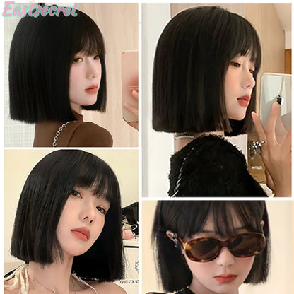 Short Black Brown Synthetic Natural Hair Wigs for Women Bob Straight Wig with Bangs High Temperature Daily Cosplay Party Wigs