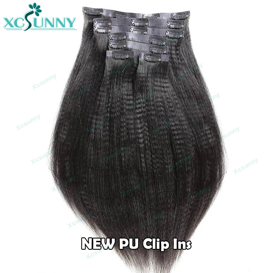 Yaki Straight Seamless Clip In Human Hair Extensions PU Clip Ins Yaki Human Hair Wholesale Burmese Clipin Hair Extensions