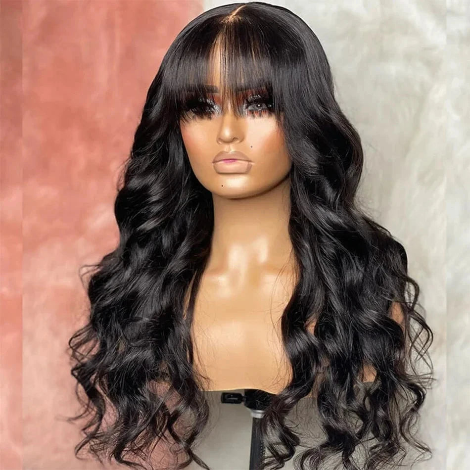 Middle T Part Body Wave Human Hair Wig With Bangs for Black Women 3x1 Lace Wigs 200 Density Brazilian 30 32 Inch Wigs on Sale