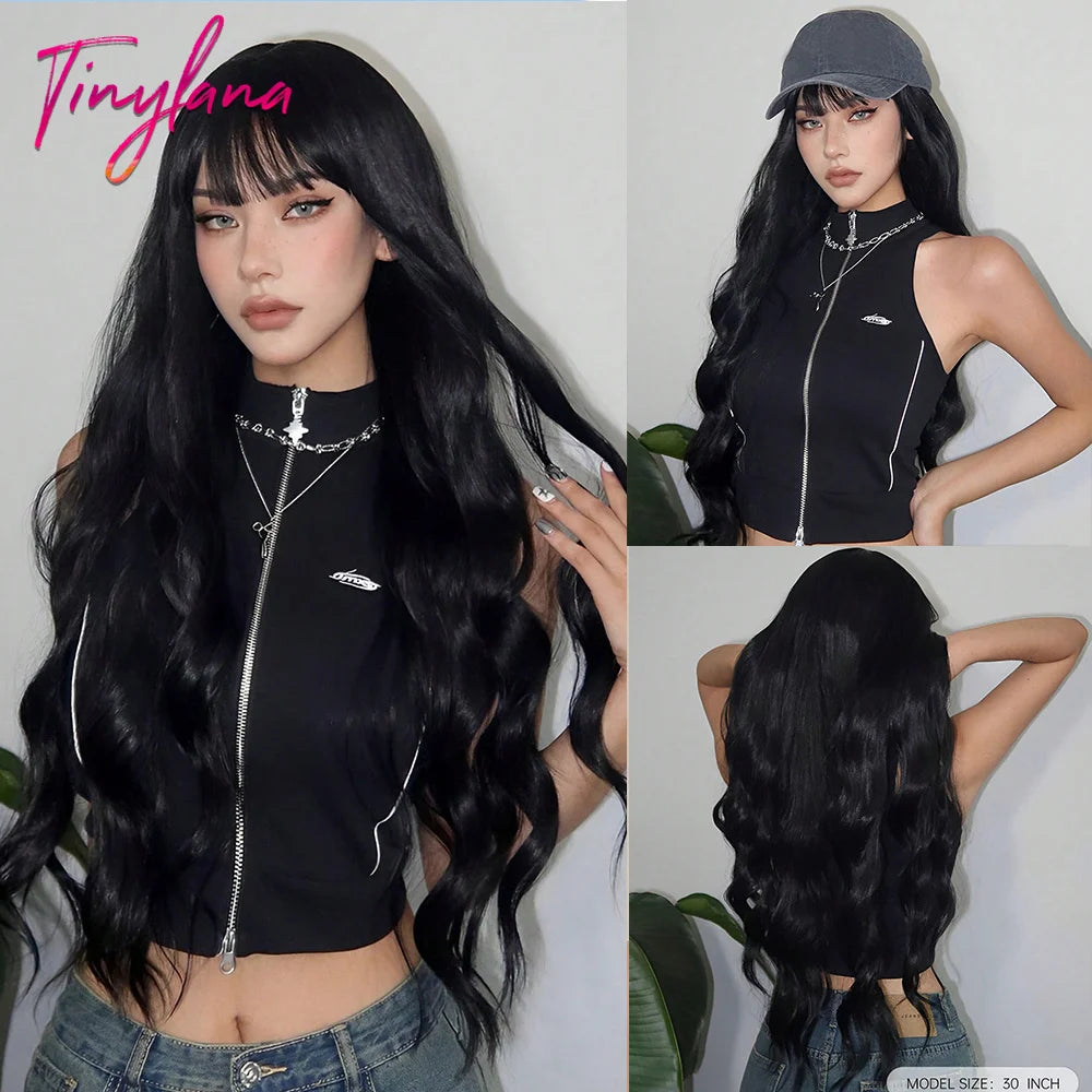 Super Long Black Wavy Synthetic Wigs with Bangs for Women Afro Dark Water Wave Halloween Cosplay Natural Hair Wig Heat Resistant