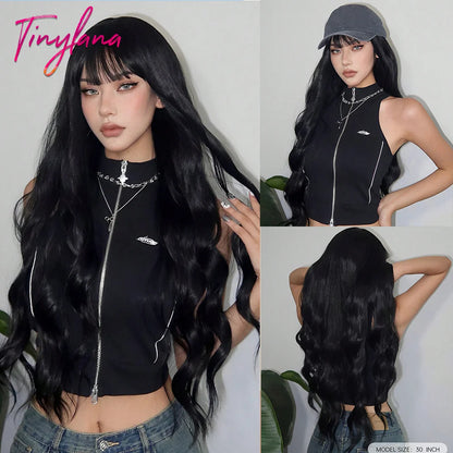 Super Long Black Wavy Synthetic Wigs with Bangs for Women Afro Dark Water Wave Halloween Cosplay Natural Hair Wig Heat Resistant