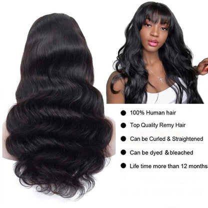 Middle T Part Body Wave Human Hair Wig With Bangs for Black Women 3x1 Lace Wigs 200 Density Brazilian 30 32 Inch Wigs on Sale