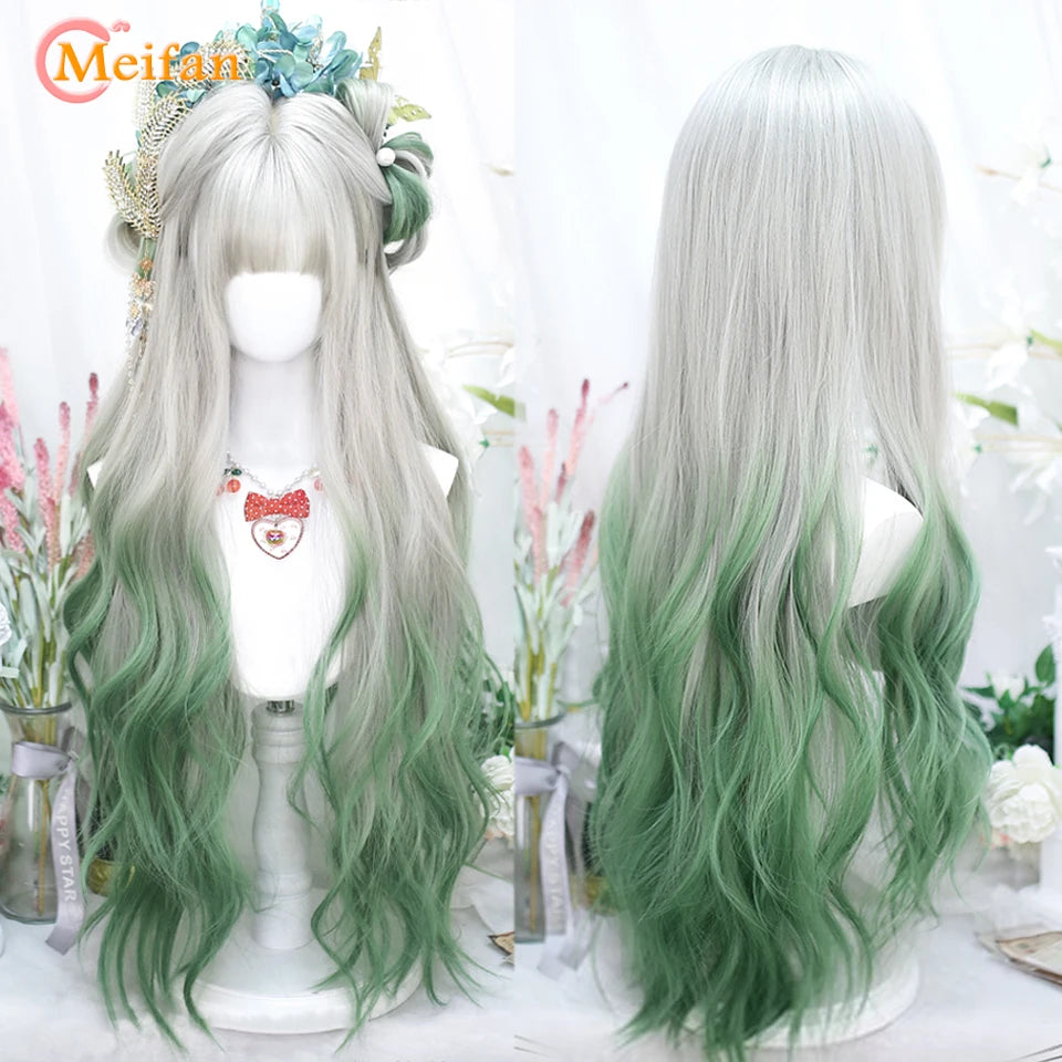 MEIFAN Synthetic Long Straight Lolita Wig with Bangs Wig Girl Cute Ombre Pink Blonde Black Cosplay Party Halloween Harajuku Wig