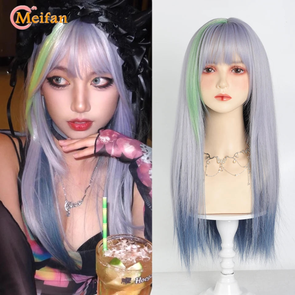 MEIFAN Synthetic Long Straight Lolita Wig with Bangs Wig Girl Cute Ombre Pink Blonde Black Cosplay Party Halloween Harajuku Wig