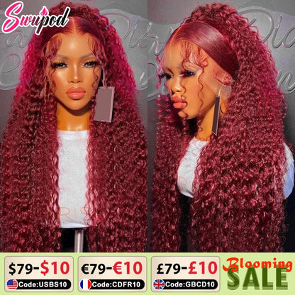 Swupod 200 Density 13x4 HD Lace Front Wig for Black Women Deep Wave Wavy Remy Human Hair 99J Burgundy Color Glueless