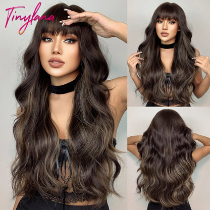 Super Long Black Wavy Synthetic Wigs with Bangs for Women Afro Dark Water Wave Halloween Cosplay Natural Hair Wig Heat Resistant