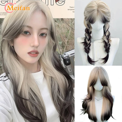 MEIFAN Synthetic Long Straight Lolita Wig with Bangs Wig Girl Cute Ombre Pink Blonde Black Cosplay Party Halloween Harajuku Wig