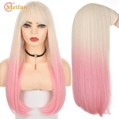 MEIFAN Synthetic Long Straight Lolita Wig with Bangs Wig Girl Cute Ombre Pink Blonde Black Cosplay Party Halloween Harajuku Wig