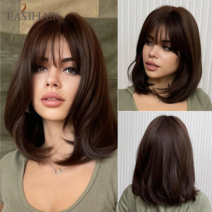 Short Straight Bob Wigs for Women Black Brown Synthetic Natural Hair Wig with Bangs Heat Resistant Cosplay Daily Use Hair