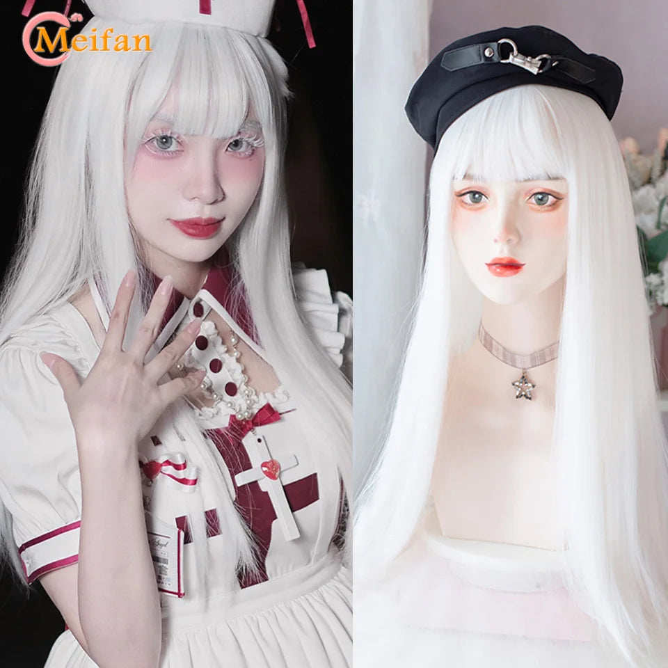 MEIFAN Synthetic Long Straight Lolita Wig with Bangs Wig Girl Cute Ombre Pink Blonde Black Cosplay Party Halloween Harajuku Wig