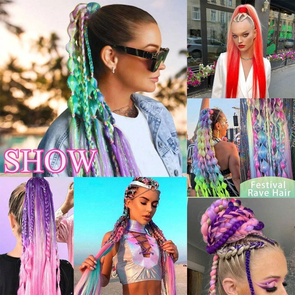 Synthetic Colorful Ponytail Extension 2Pcs Long Straight DIY Braided Pony Tail Hairpiece with Rubber Band Women Hair Accessories