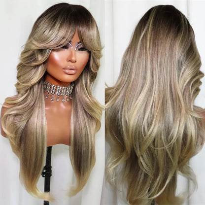 Long Curtain Bangs Wig Sexy Bouncy Blowout Lace Part Wig Hair Layered Glueless Daily Wear Blonde Ash Dark Root Balayage Ombre