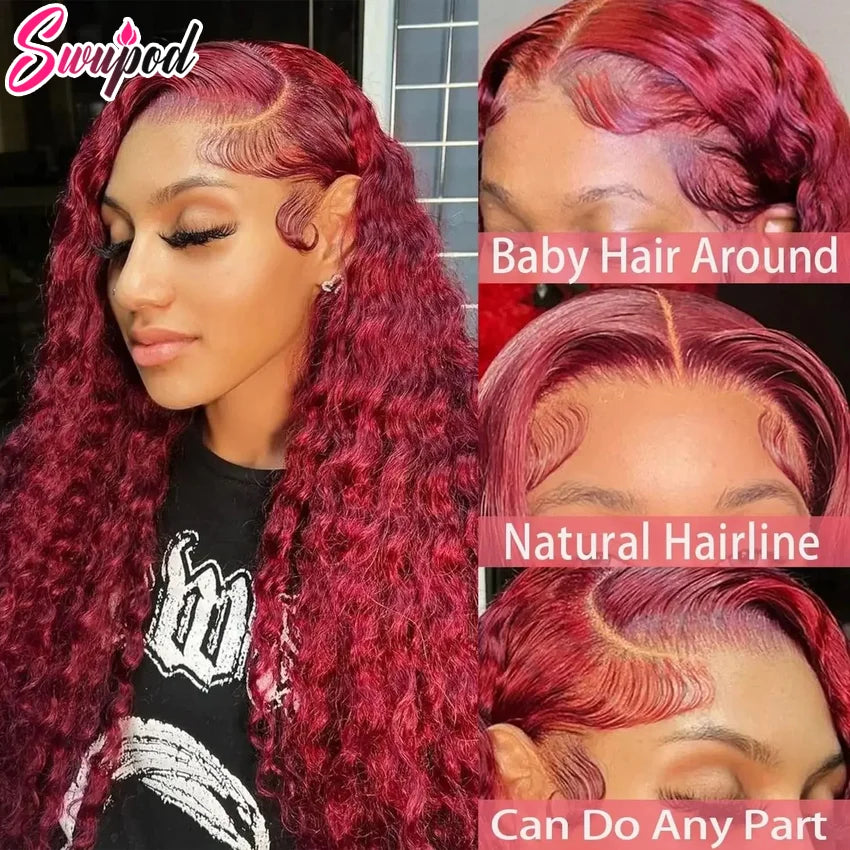 Swupod 200 Density 13x4 HD Lace Front Wig for Black Women Deep Wave Wavy Remy Human Hair 99J Burgundy Color Glueless