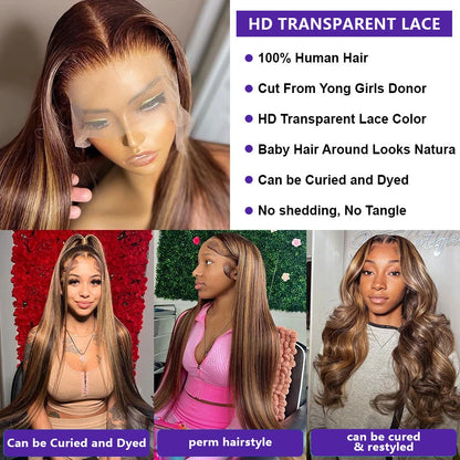 13x4 13x6 Transparent Lace Frontal Wigs Straight Human Hair 200 Density P4/27 Highlight Colored Lace Front Human Hair Wigs