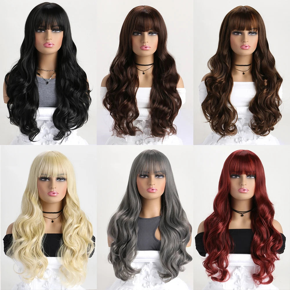 Long Body Wavy Synthetic  Wig for Women Natural Wave Wigs with Bangs  Fake Hair Heat Resistant Fiber For Daily Halloween Party