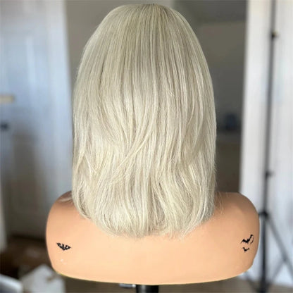 Platinum Blonde Lace Part Wig with Bangs Short Bob Woman Wigs Ladies Fringe Glueless WEar and Go Hd Transparent Lace Front Wig