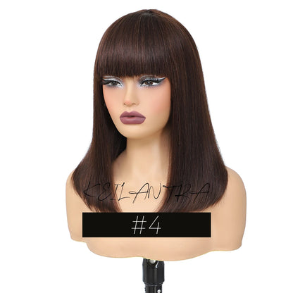 Short Black Human Hair Bob Wigs With Bangs Light Yaki Straight Realistic Scalp Glueless Non Lace Wig For Women Blunt Cut Bob Wig