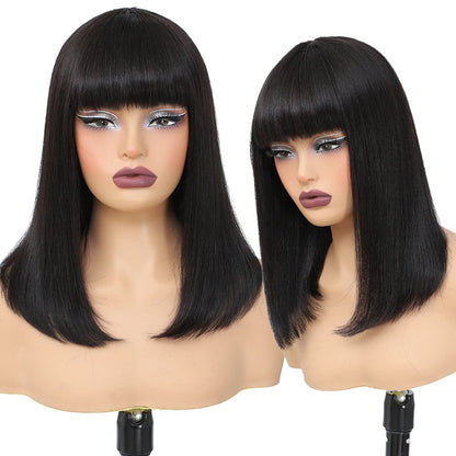 Short Black Human Hair Bob Wigs With Bangs Light Yaki Straight Realistic Scalp Glueless Non Lace Wig For Women Blunt Cut Bob Wig