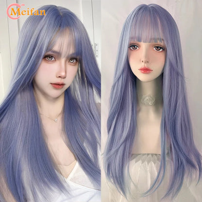 MEIFAN Synthetic Long Straight Lolita Wig with Bangs Wig Girl Cute Ombre Pink Blonde Black Cosplay Party Halloween Harajuku Wig