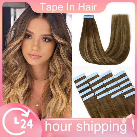 PLADIO Tape in Hair Extensions Human Hair Highlight Seamless Double Side Skin Weft PU Invisible Tape Ins Remy Virgin Hair 14-22"