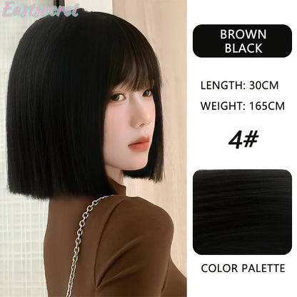 Short Black Brown Synthetic Natural Hair Wigs for Women Bob Straight Wig with Bangs High Temperature Daily Cosplay Party Wigs