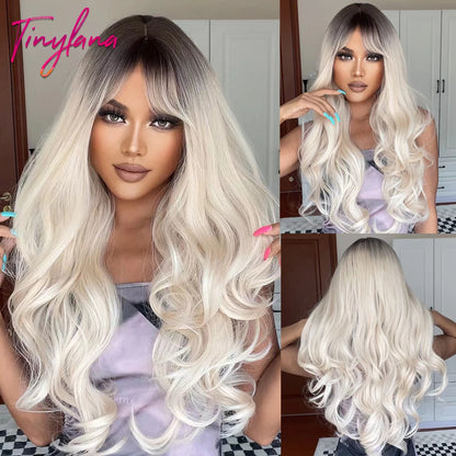 Super Long Black Wavy Synthetic Wigs with Bangs for Women Afro Dark Water Wave Halloween Cosplay Natural Hair Wig Heat Resistant