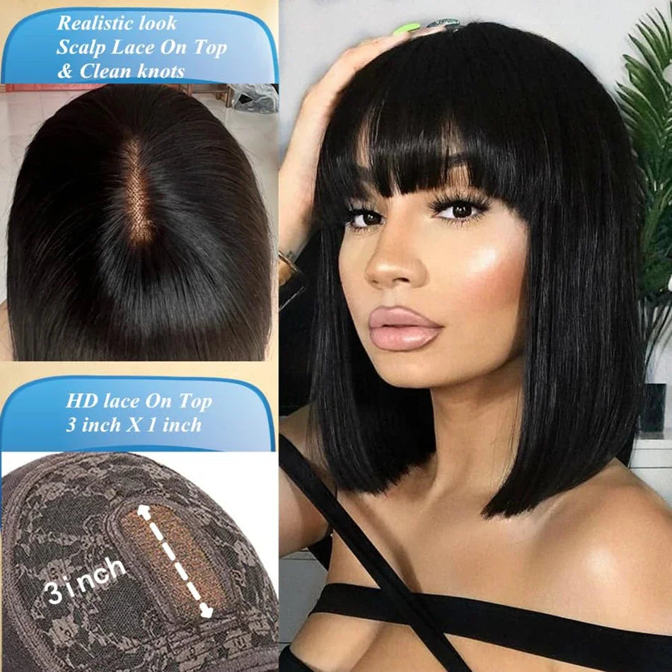 3x1 Middle Part Lace Wig Bone Straight Cheap Wigs Full Machine Made Human Hair Wig with Bangs for Women on Clearance Sale