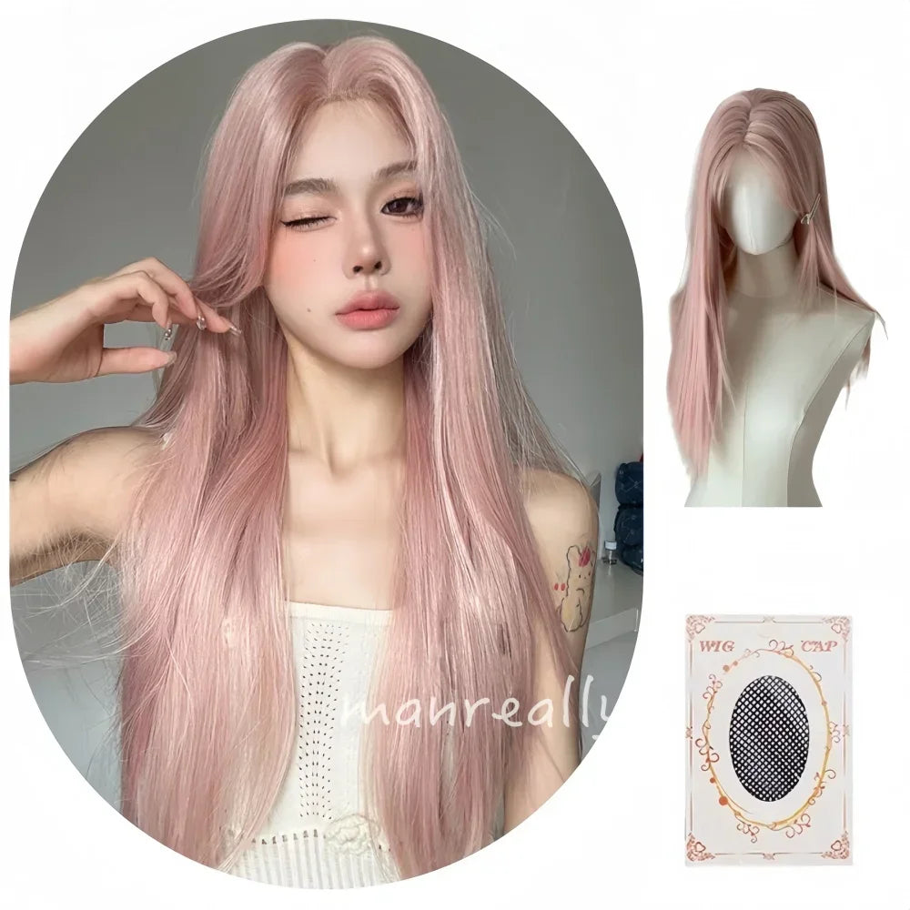 Pink Wig for Women Long Wavy Cosplay Wigs Natural Soft Sweet Synthetic Wig for Daily Use School Life Lolita Wig Pink