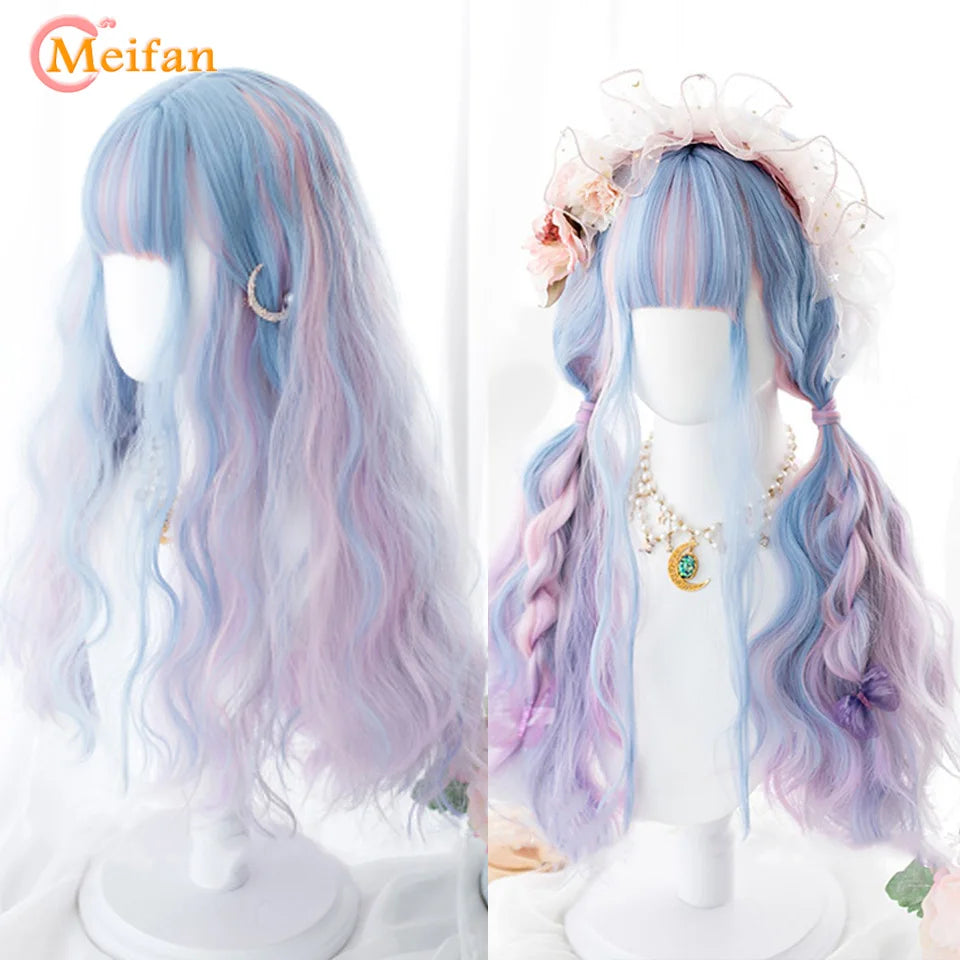 MEIFAN Synthetic Long Straight Lolita Wig with Bangs Wig Girl Cute Ombre Pink Blonde Black Cosplay Party Halloween Harajuku Wig