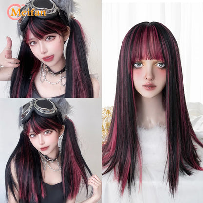 MEIFAN Synthetic Long Straight Lolita Wig with Bangs Wig Girl Cute Ombre Pink Blonde Black Cosplay Party Halloween Harajuku Wig