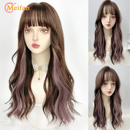 MEIFAN Synthetic Long Straight Lolita Wig with Bangs Wig Girl Cute Ombre Pink Blonde Black Cosplay Party Halloween Harajuku Wig