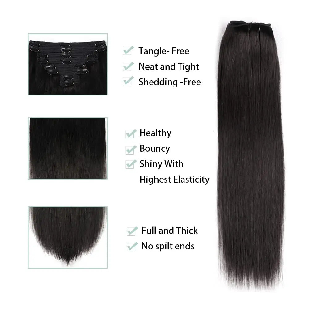 Straight Clip In Hair Extensions Full Head 8Pieces 120G/Set  Brazilian Remy Virgin 100% Human Hair Natural Black Color For Women