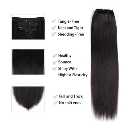 Straight Clip In Hair Extensions Full Head 8Pieces 120G/Set  Brazilian Remy Virgin 100% Human Hair Natural Black Color For Women